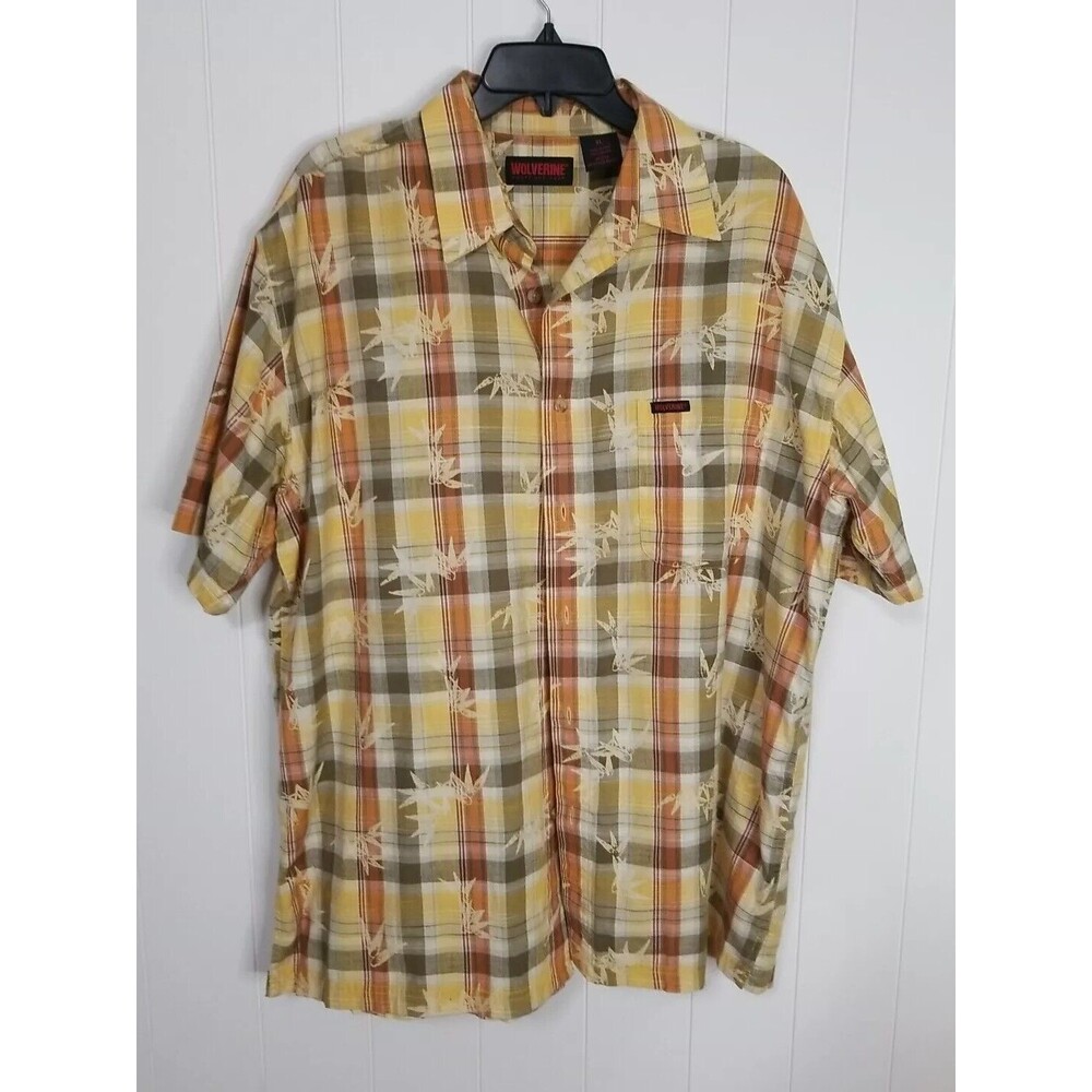 Wolverine Boots Gear Shirt Mens Sz XL Tan Plaid Button Up Short Sleeve